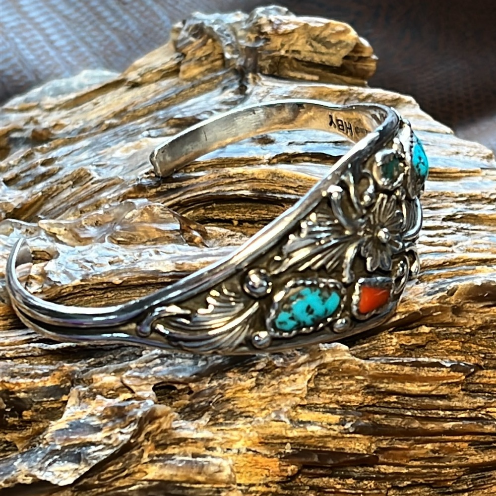 Sterling Silver, Turquoise and Coral Cuff Bracelet - Picture 3 of 9